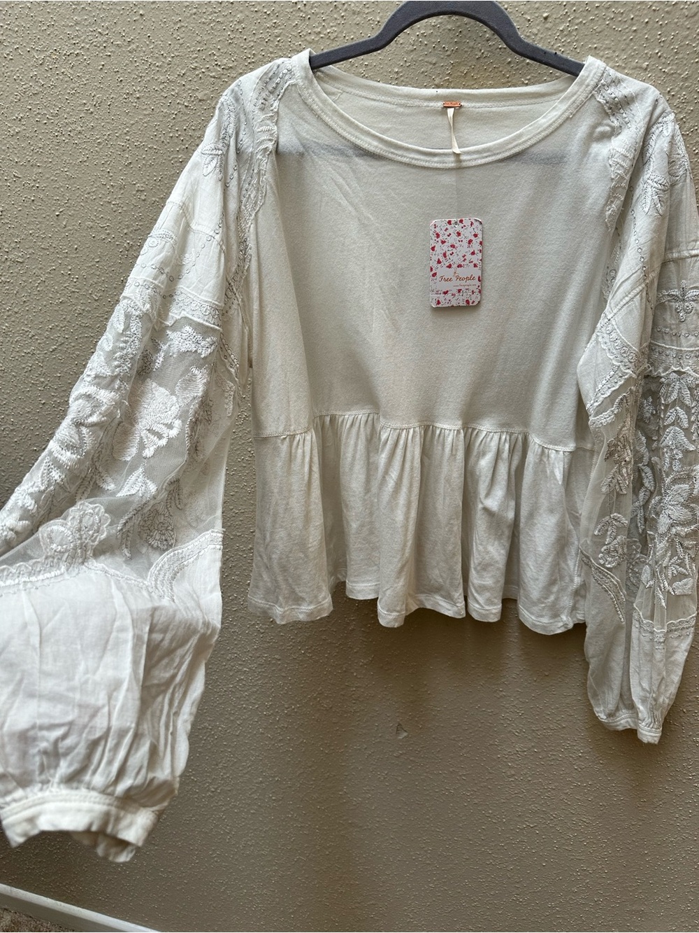 NWT Free People Penny Tee Ivory Long Sheer Lace Balloon Sleeve Embroidered Sz S